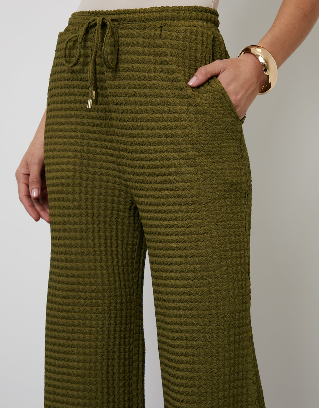 Khaki Green Textured Jersey Wide Leg Trousers