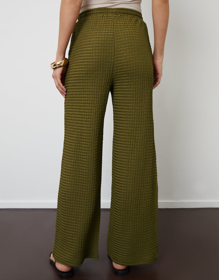 Khaki Green Textured Jersey Wide Leg Trousers