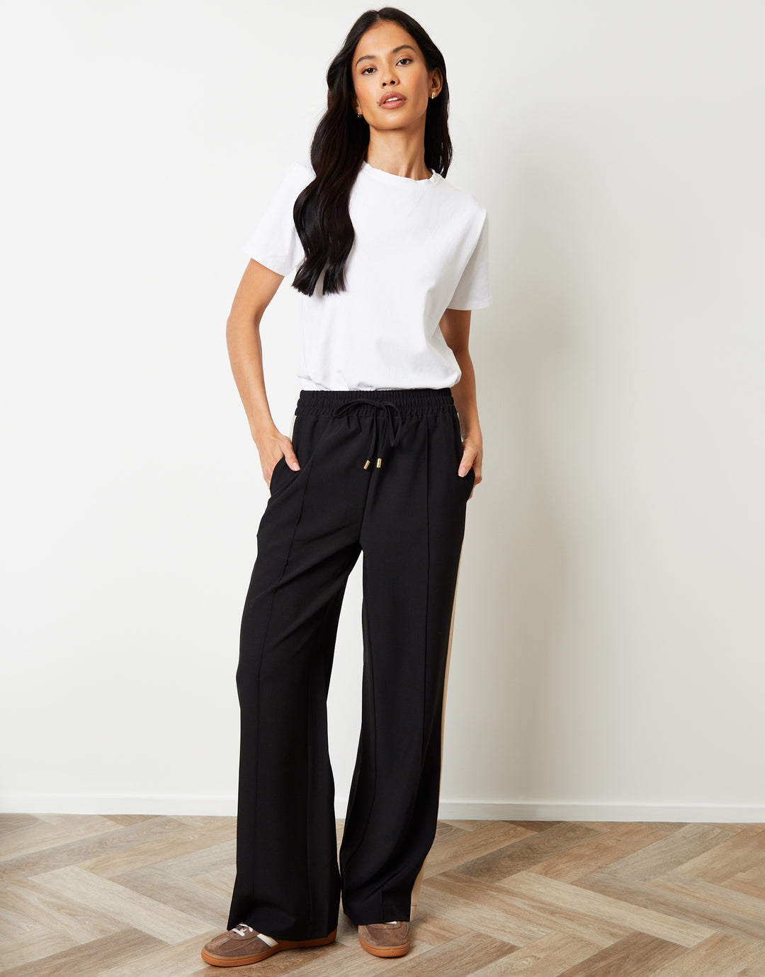 Black Side Stripe Pull On Wide Leg Trousers