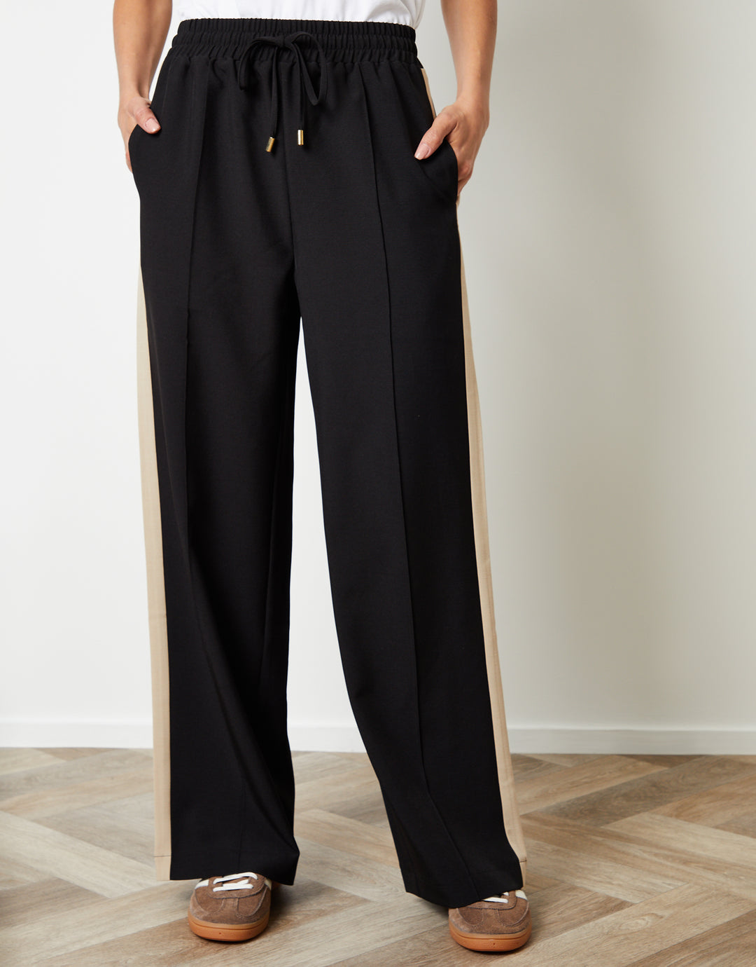 Black Side Stripe Pull On Wide Leg Trousers