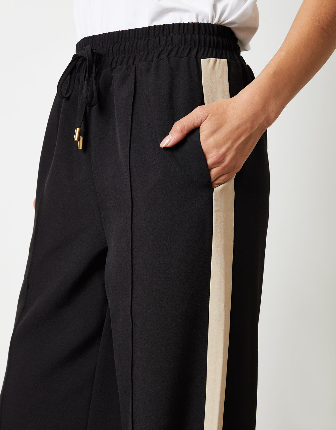 Black Side Stripe Pull On Wide Leg Trousers