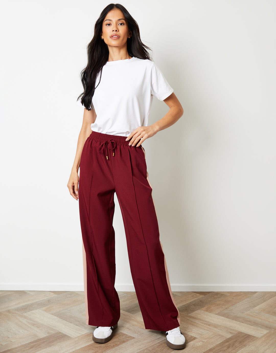 Berry Red Side Stripe Pull On Wide Leg Trousers