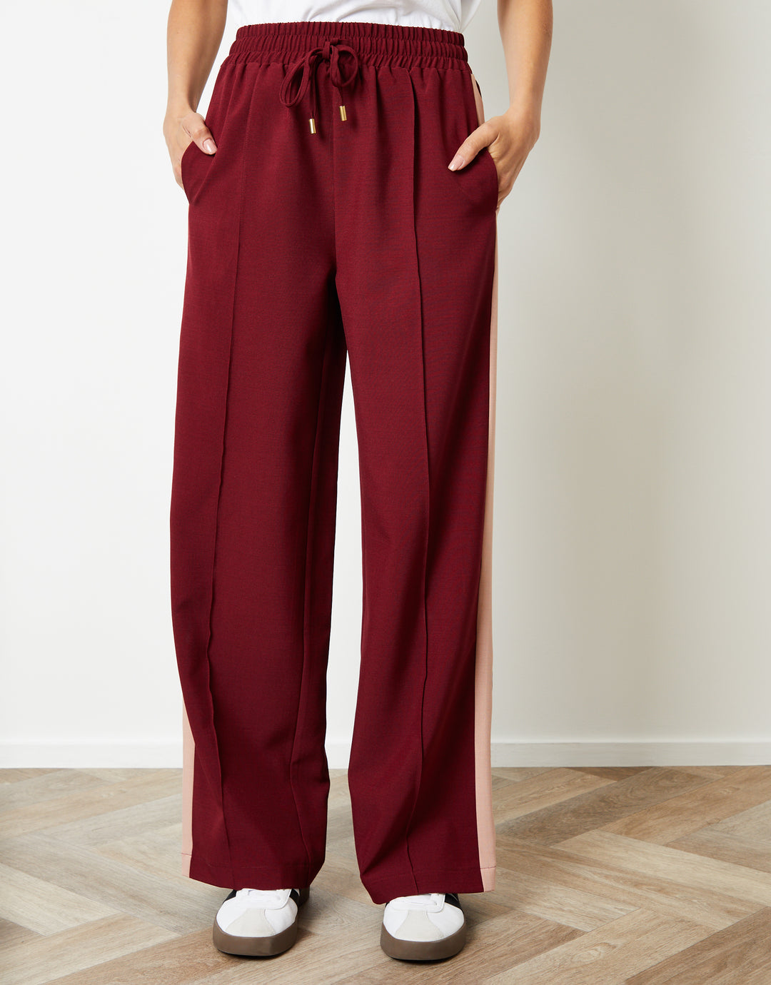 Berry Red Side Stripe Pull On Wide Leg Trousers