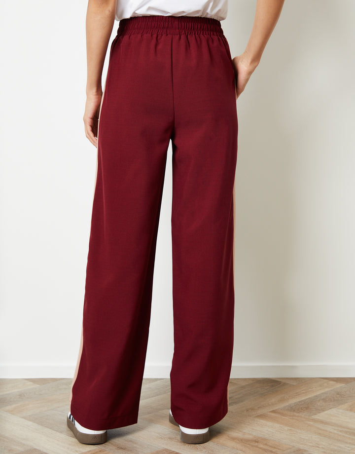 Berry Red Side Stripe Pull On Wide Leg Trousers