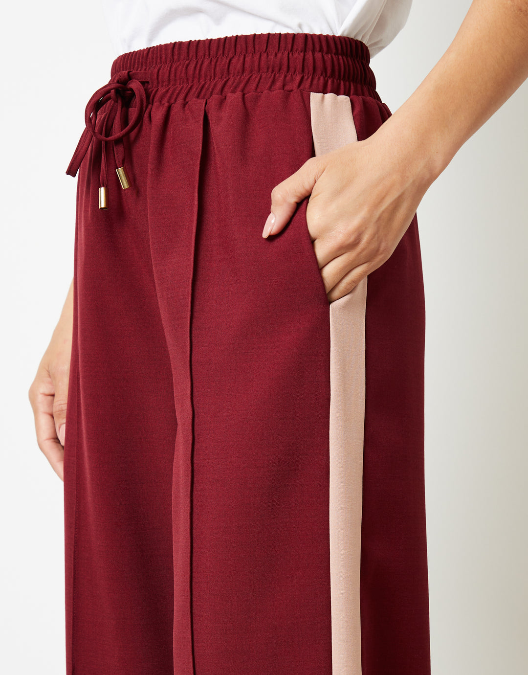 Berry Red Side Stripe Pull On Wide Leg Trousers