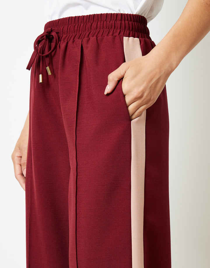 Berry Red Side Stripe Pull On Wide Leg Trousers