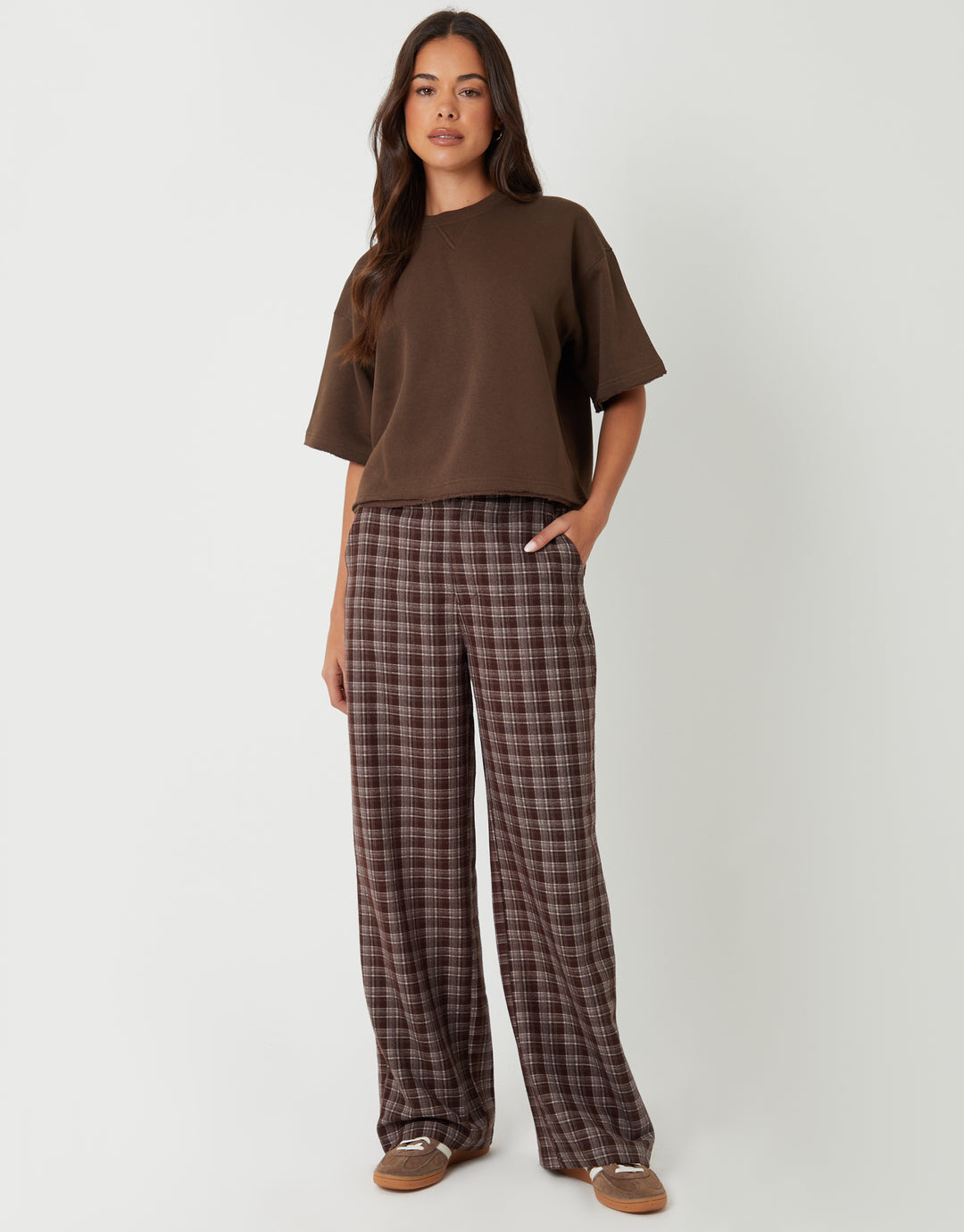 Chocolate Brown Check Straight Leg Trousers