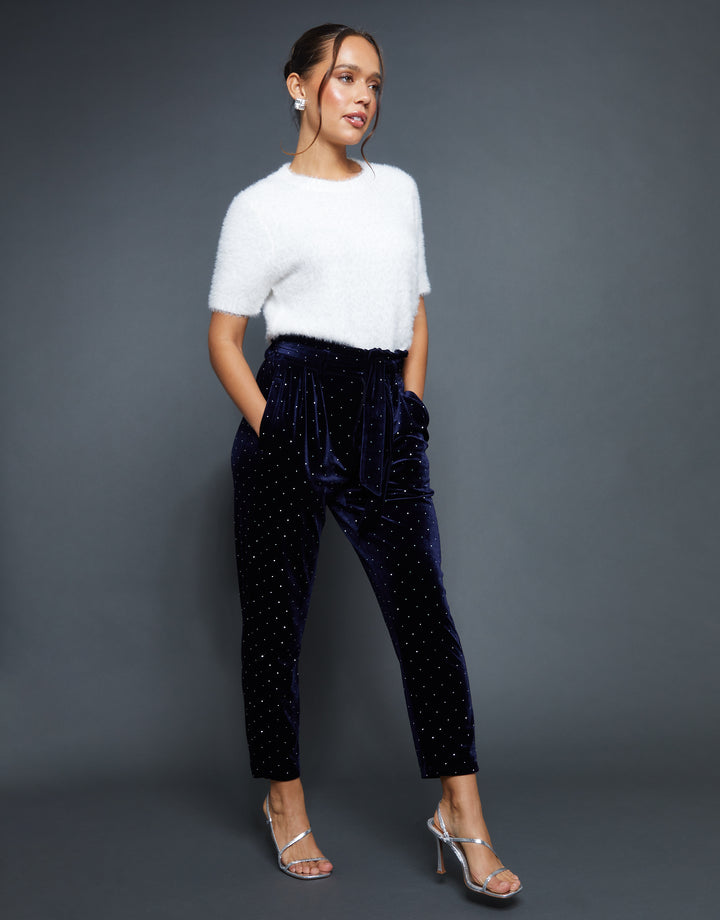 Navy Velvet Hotfix Paperbag Waist Trousers