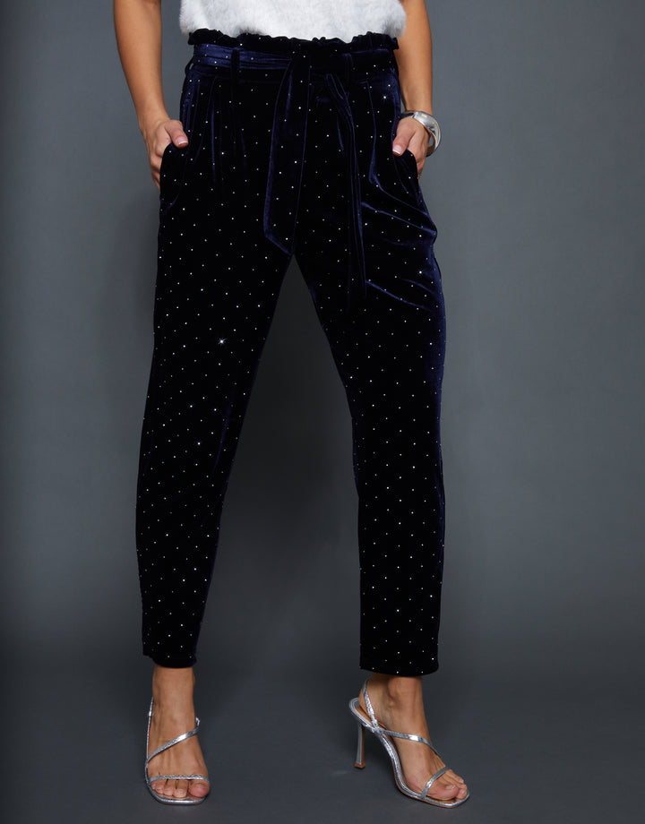 Navy Velvet Hotfix Paperbag Waist Trousers