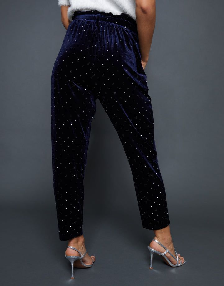 Navy Velvet Hotfix Paperbag Waist Trousers