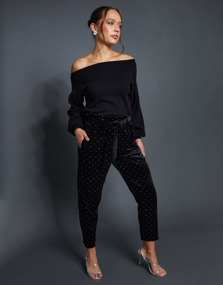 Black Velvet Hotfix Paperbag Waist Trousers