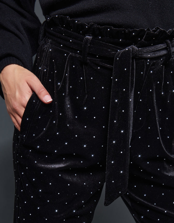 Black Velvet Hotfix Paperbag Waist Trousers