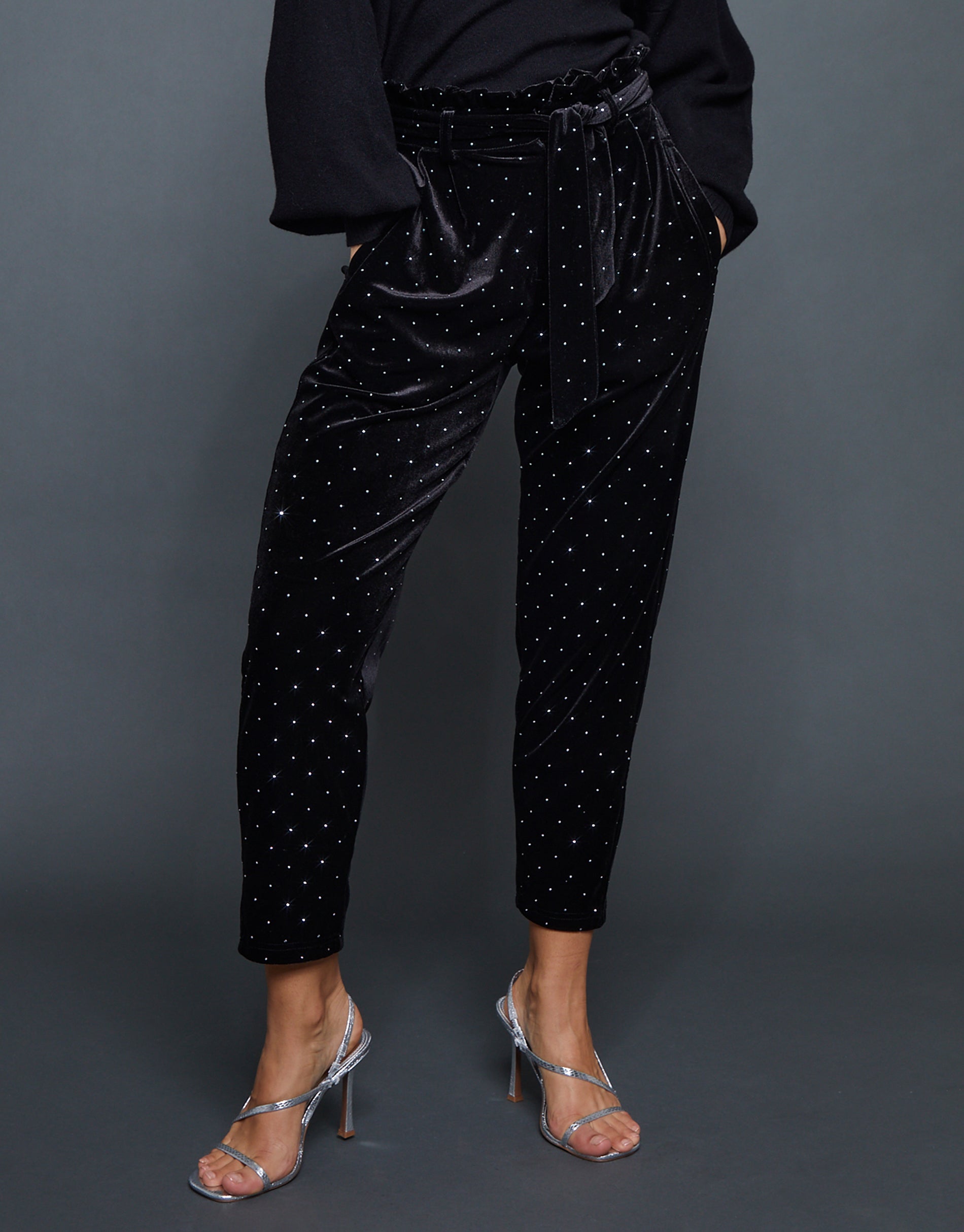 Threadbare Women's Black Velvet Hotfix Paperbag Waist Trousers
