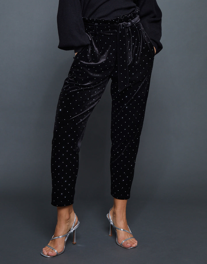 Black Velvet Hotfix Paperbag Waist Trousers
