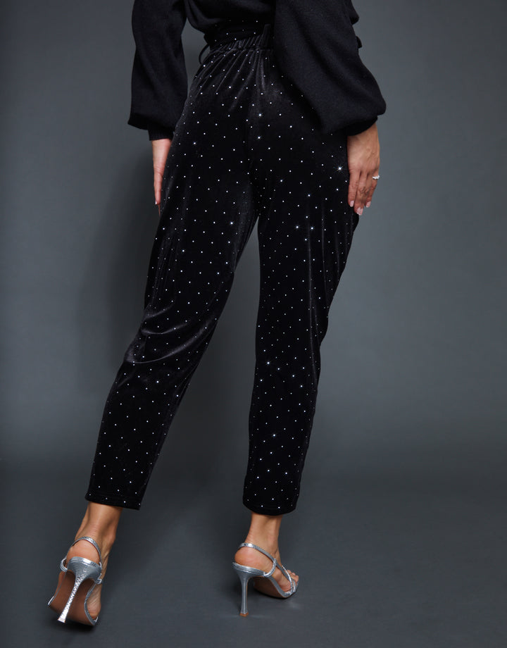 Black Velvet Hotfix Paperbag Waist Trousers
