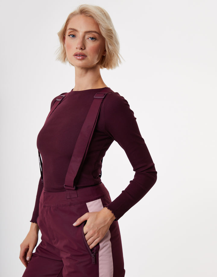 Berry Red Side Stripe Padded Ski Pants with Braces