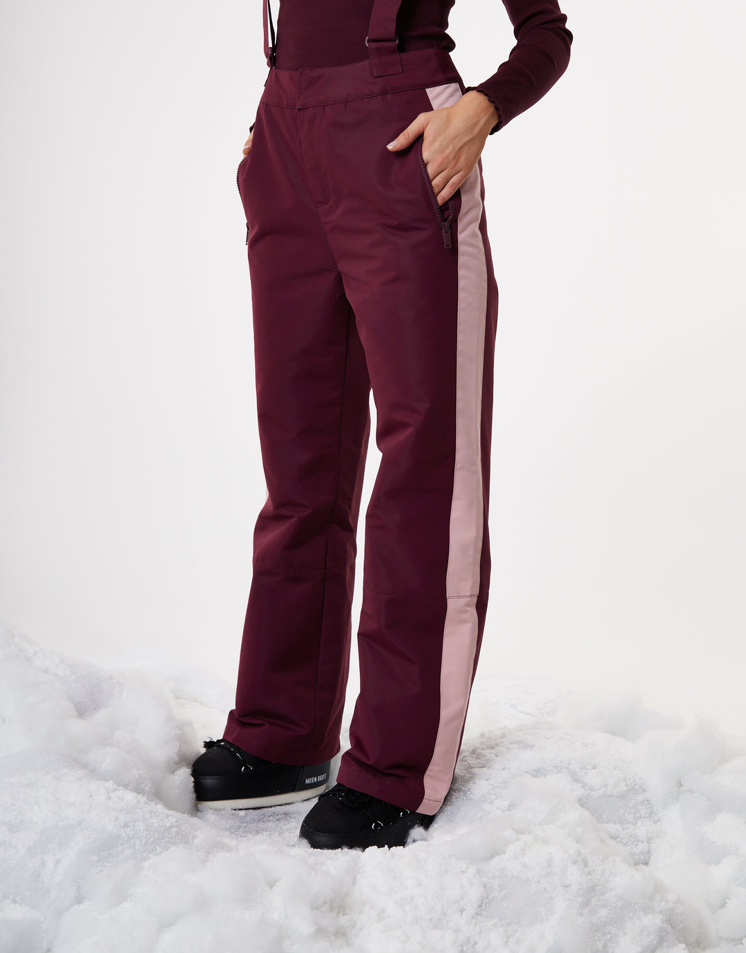 Berry Red Side Stripe Padded Ski Pants with Braces