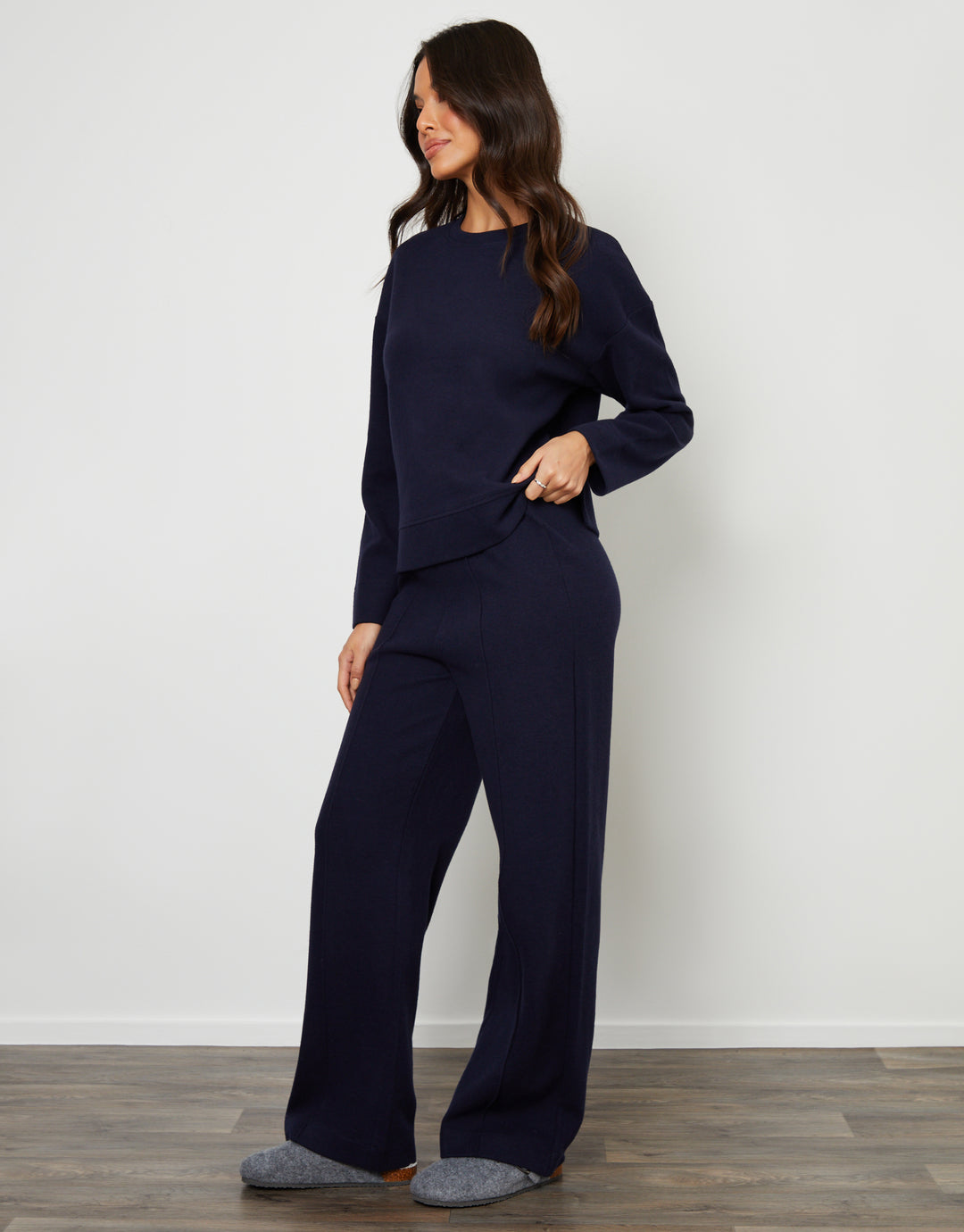 Navy Cosy Rib Pull On Wide Leg Joggers