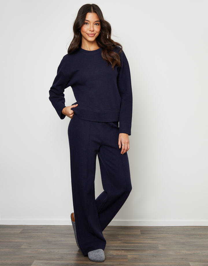 Navy Cosy Rib Pull On Wide Leg Joggers