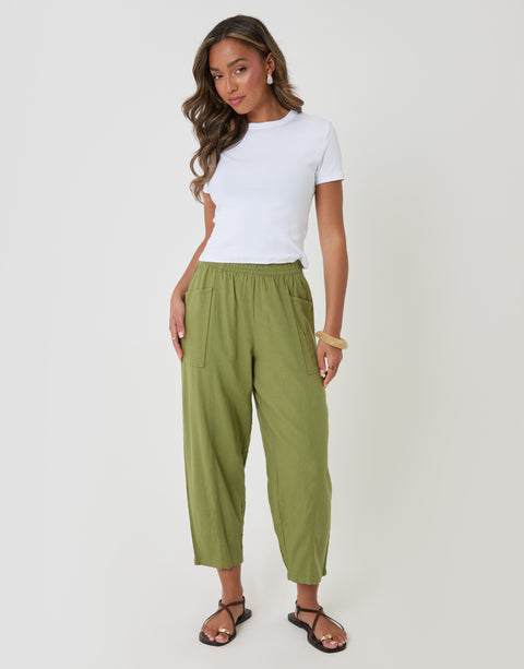 Threadbare Linen Blend Pocket Detail Barrel Leg Trousers Olive - full body