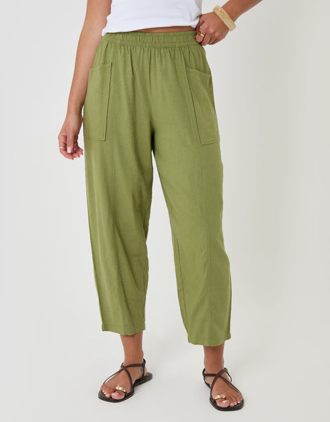 Threadbare Linen Blend Pocket Detail Barrel Leg Trousers Olive- front view
