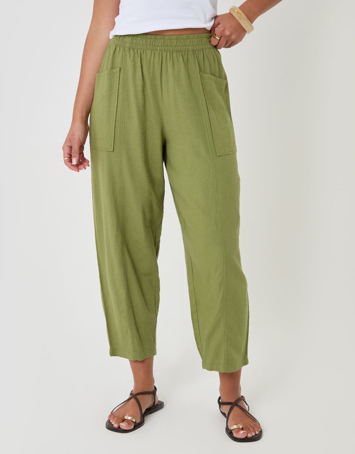 Threadbare Linen Blend Pocket Detail Barrel Leg Trousers Olive- front view