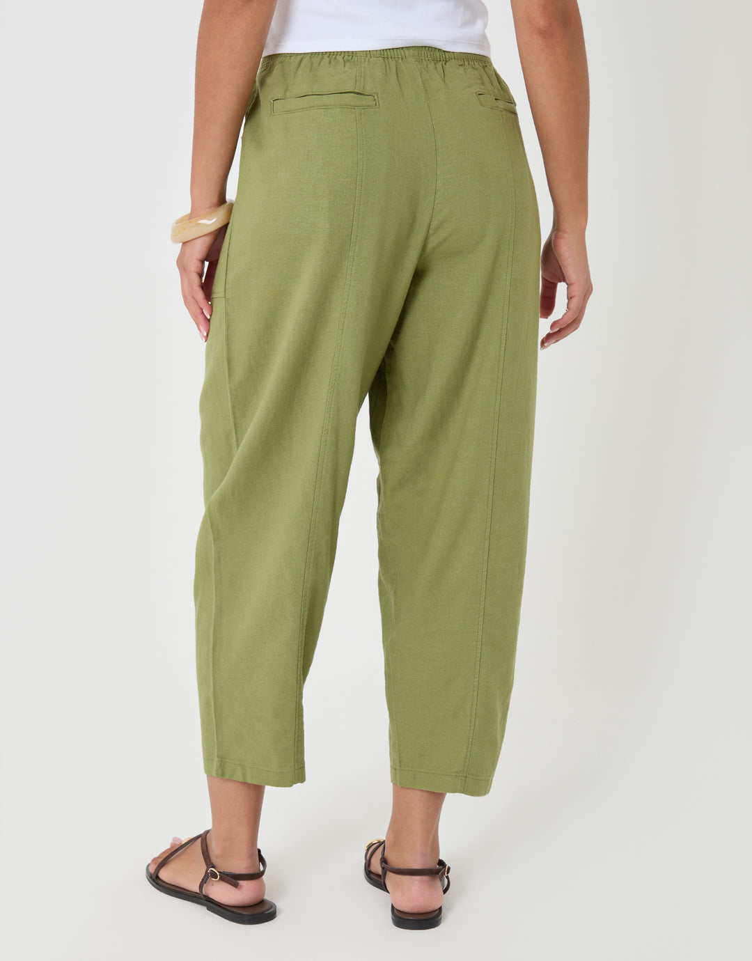 Threadbare Linen Blend Pocket Detail Barrel Leg Trousers Olive- back view