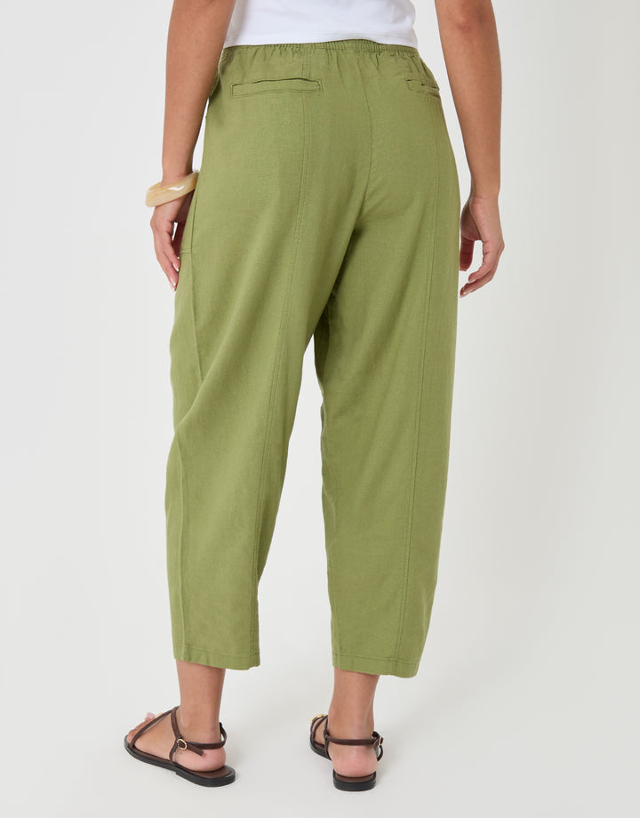 Threadbare Linen Blend Pocket Detail Barrel Leg Trousers Olive- back view