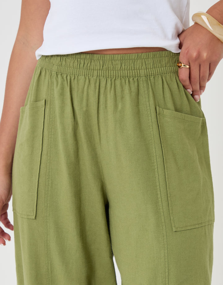 Threadbare Linen Blend Pocket Detail Barrel Leg Trousers Olive - detail