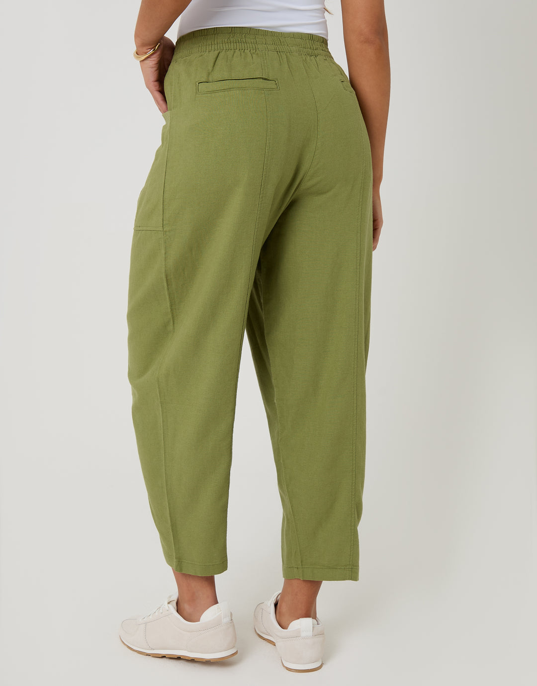 Threadbare Linen Blend Pocket Detail Barrel Leg Trousers in Olive Green - back view