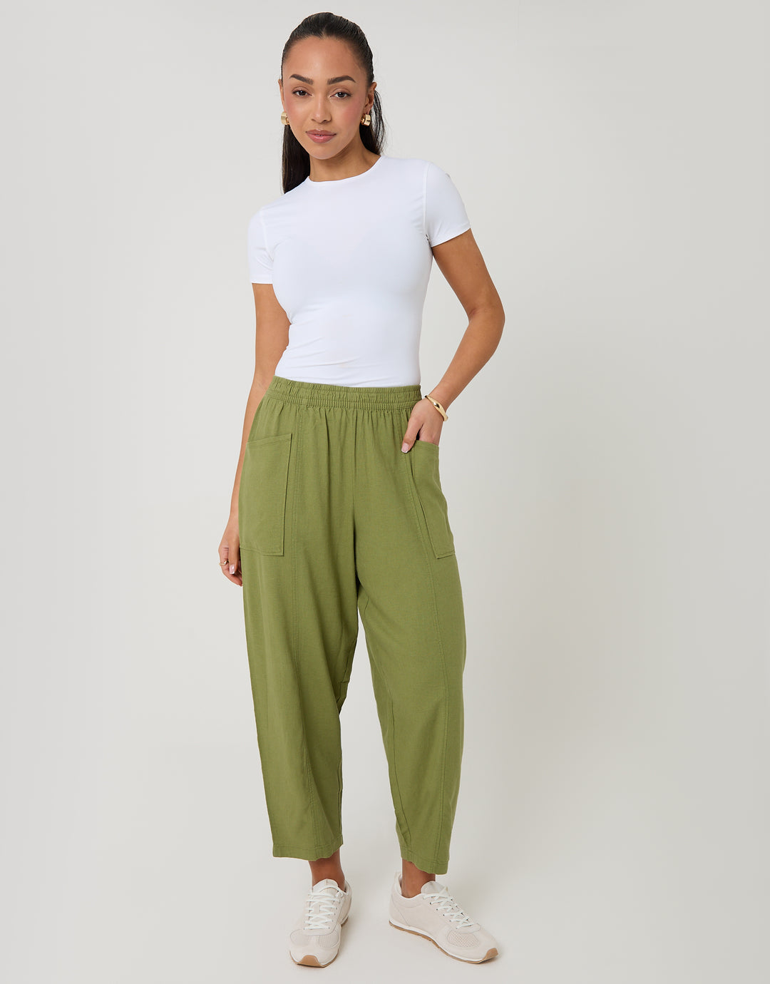 Threadbare Linen Blend Pocket Detail Barrel Leg Trousers in Olive Green - full body