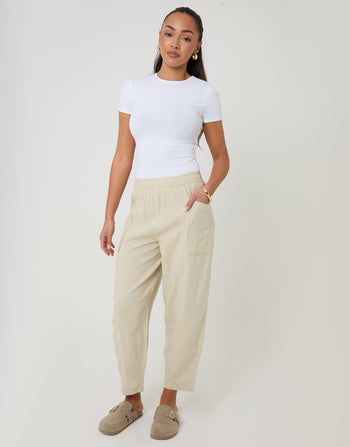 Threadbare Linen Blend Pocket Detail Barrel Leg Trousers in Stone - full body