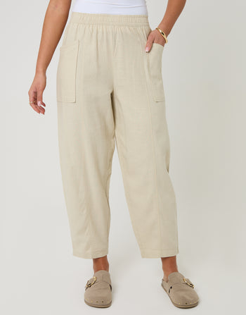 Threadbare Linen Blend Pocket Detail Barrel Leg Trousers in Stone - front view