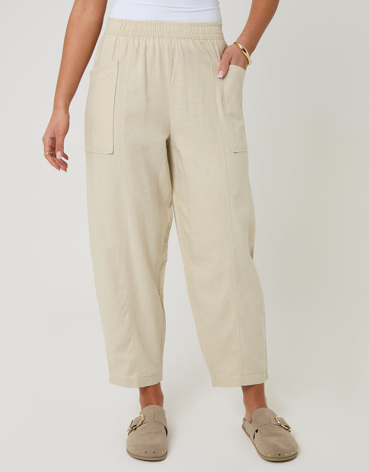 Stone Linen Blend Pocket Detail Barrel Leg Trousers