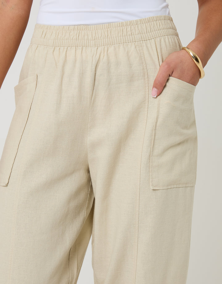 Stone Linen Blend Pocket Detail Barrel Leg Trousers