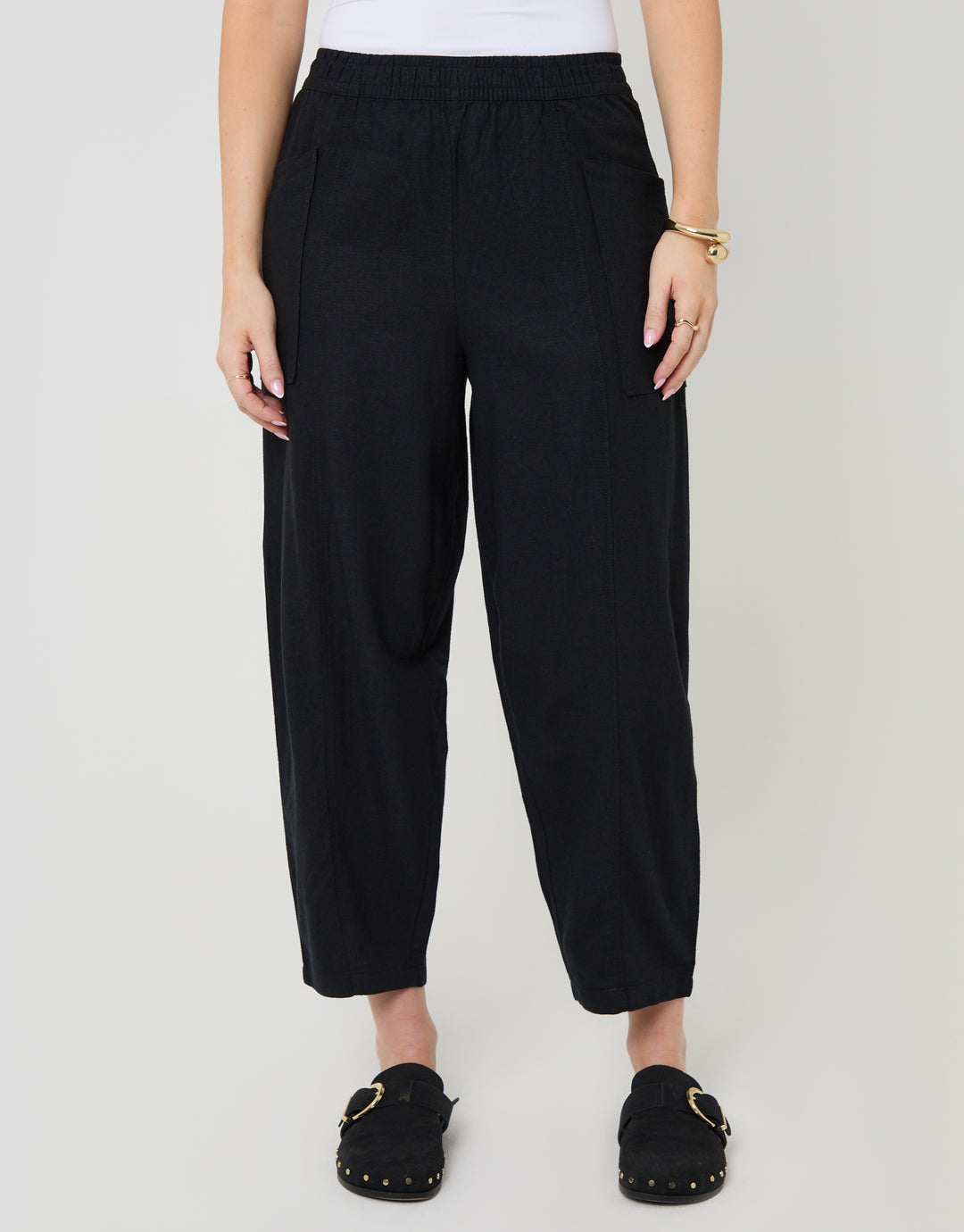 Black Linen Blend Pocket Detail Barrel Leg Trousers