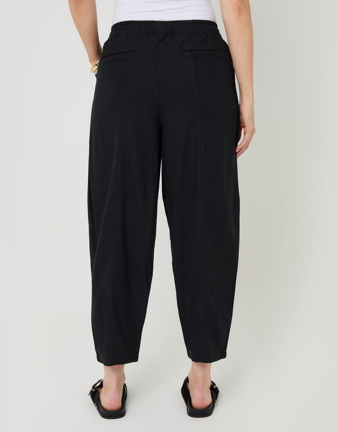 Black Linen Blend Pocket Detail Barrel Leg Trousers