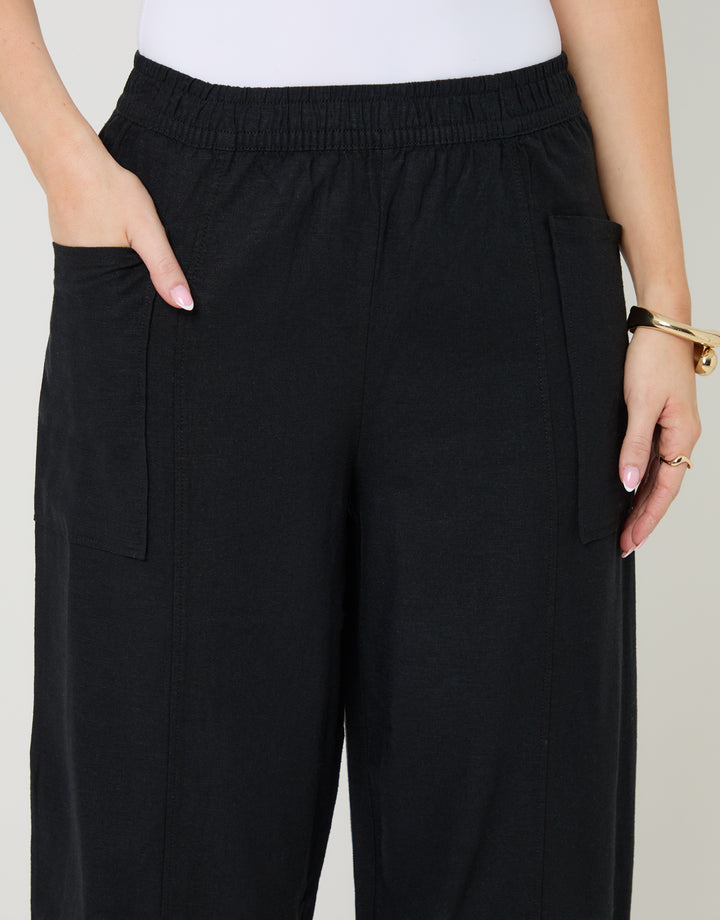 Black Linen Blend Pocket Detail Barrel Leg Trousers
