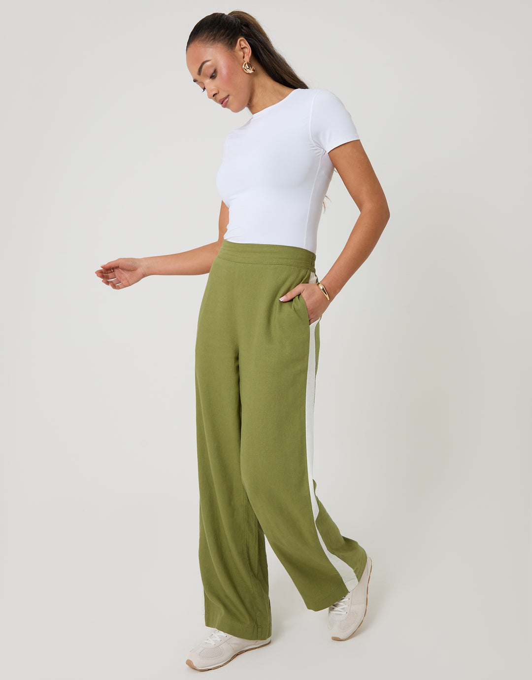 Threadbare Side Stripe Linen Blend Wide Leg Trousers in Olive Green - full body