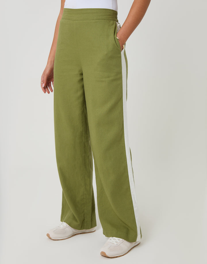 Threadbare Side Stripe Linen Blend Wide Leg Trousers in Olive Green - front view