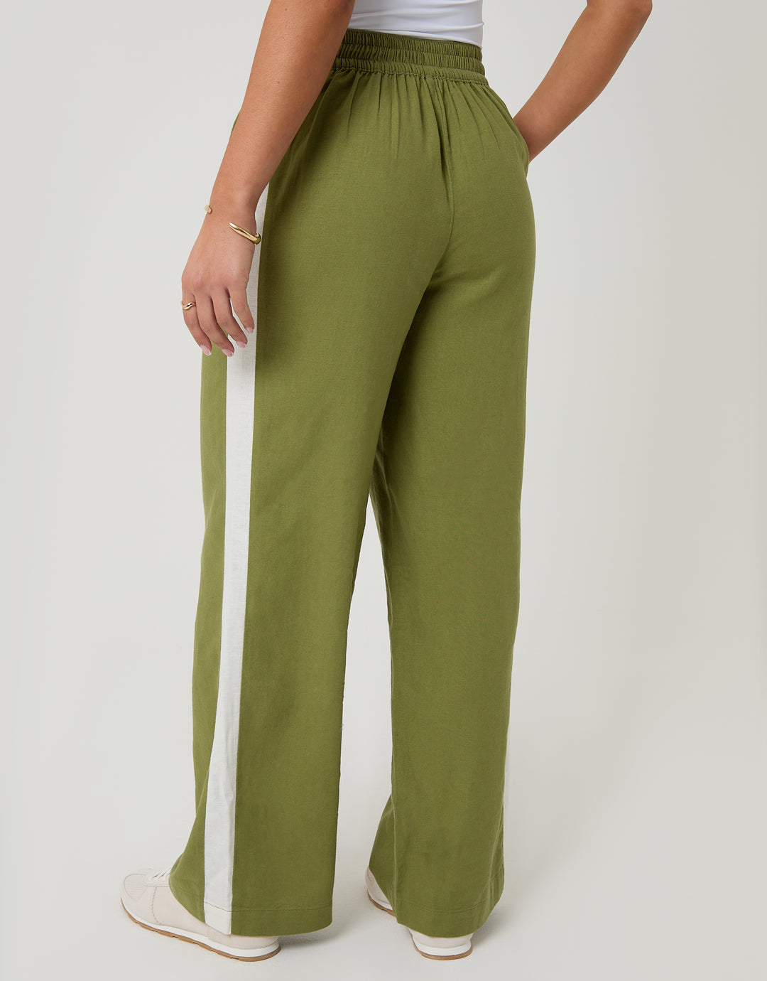 Threadbare Side Stripe Linen Blend Wide Leg Trousers in Olive Green - back view