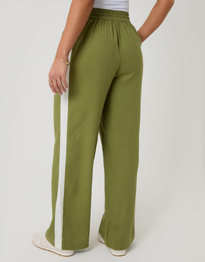 Threadbare Side Stripe Linen Blend Wide Leg Trousers in Olive Green - back view
