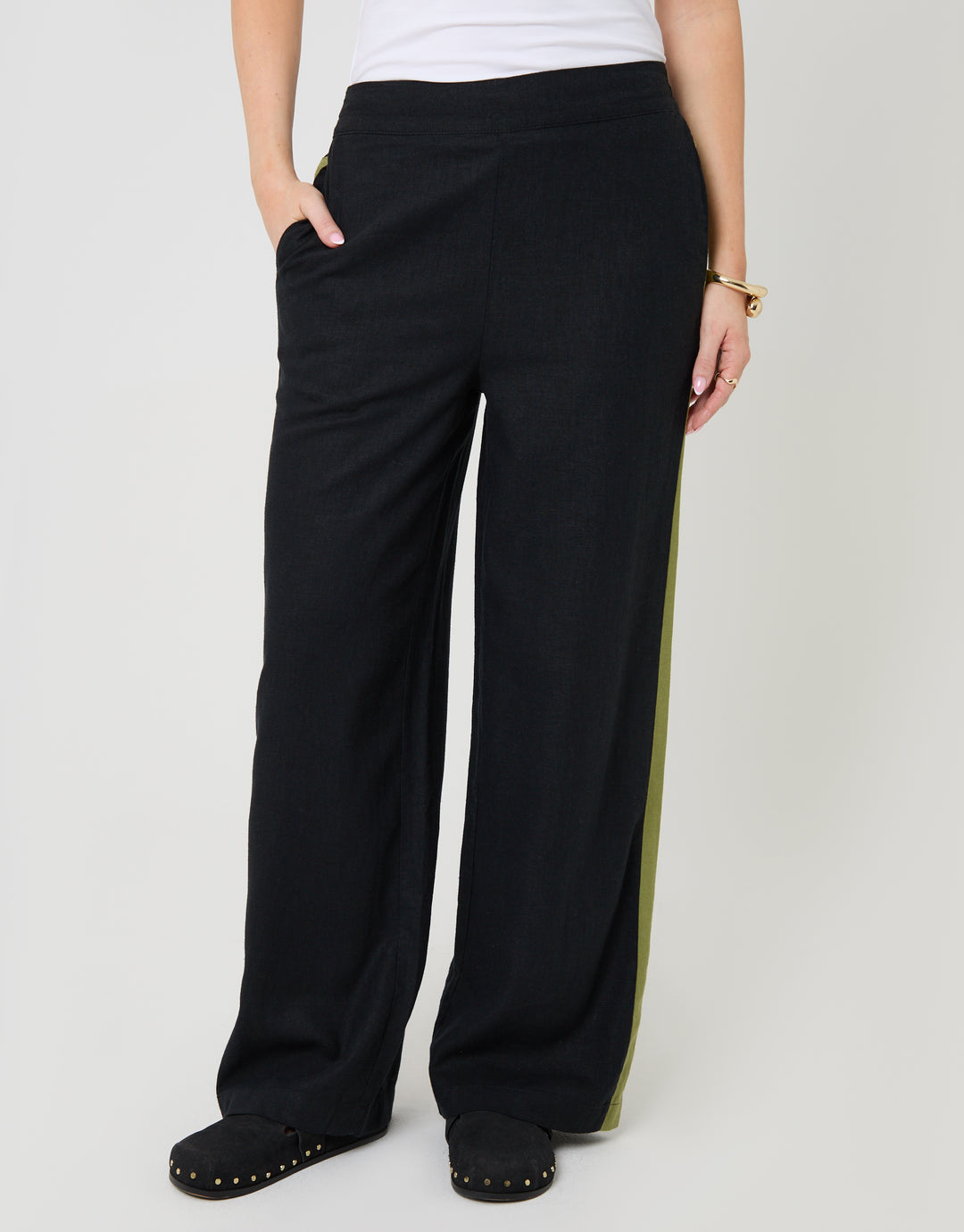 Black Side Stripe Linen Blend Wide Leg Trousers