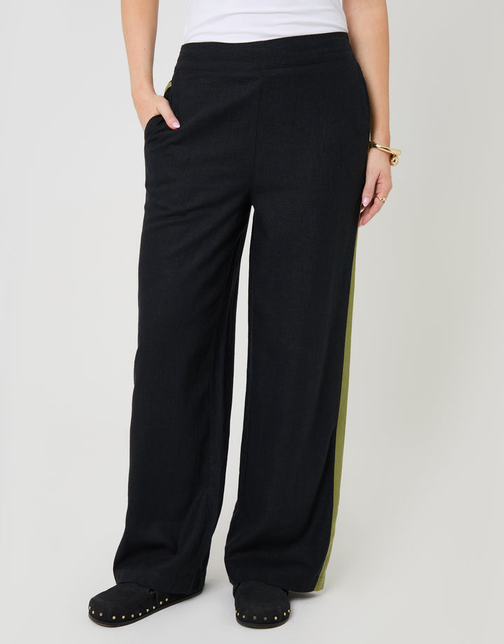 Black Side Stripe Linen Blend Wide Leg Trousers