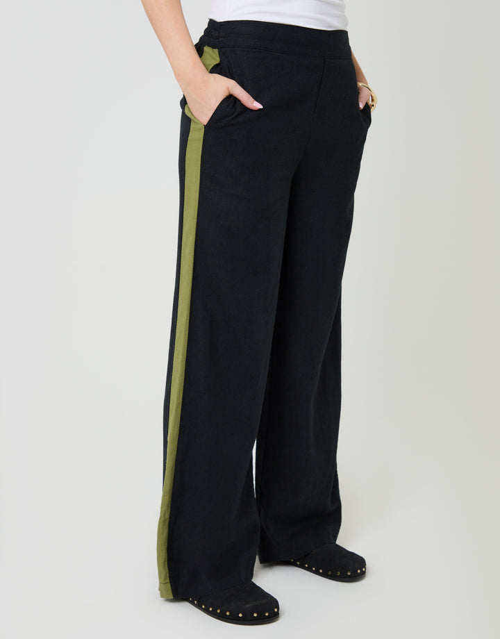Black Side Stripe Linen Blend Wide Leg Trousers