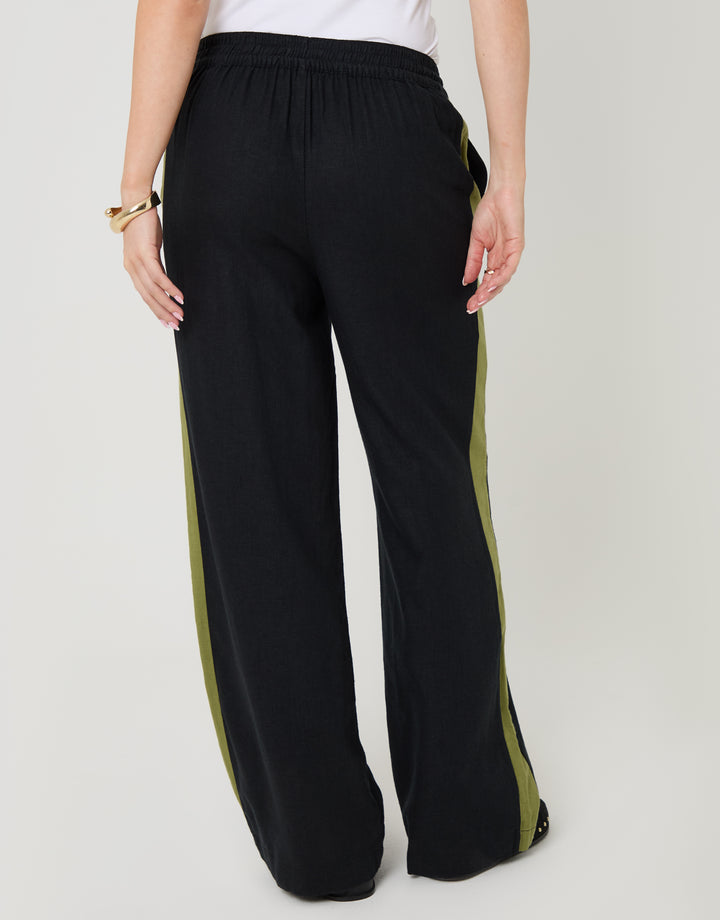 Black Side Stripe Linen Blend Wide Leg Trousers
