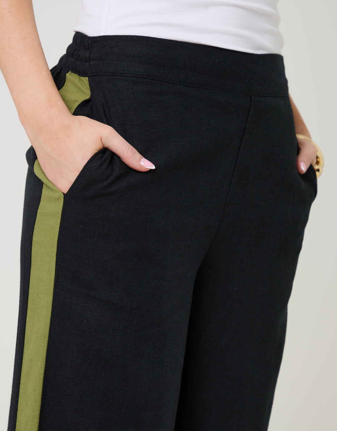 Black Side Stripe Linen Blend Wide Leg Trousers