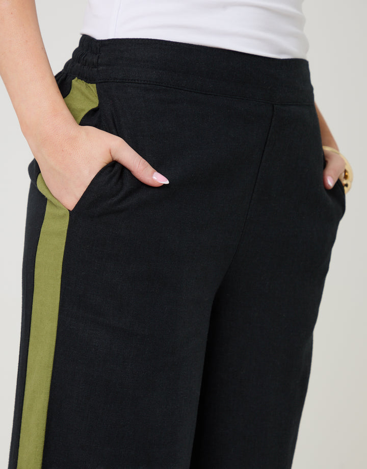 Black Side Stripe Linen Blend Wide Leg Trousers