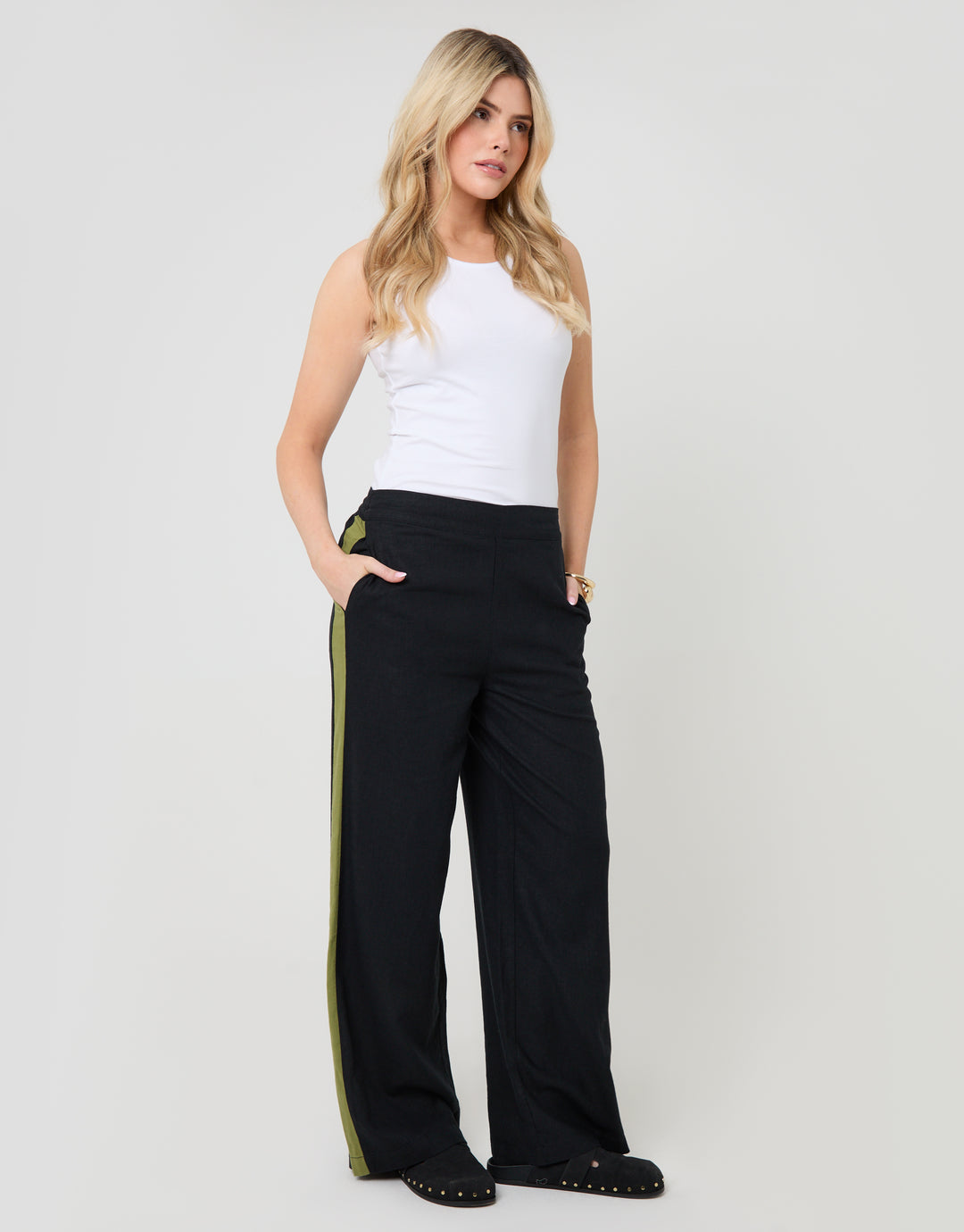 Black Side Stripe Linen Blend Wide Leg Trousers