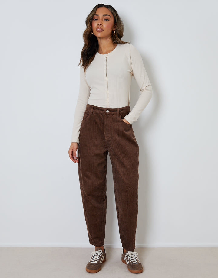 Brown Corduroy Barrel Leg Trouser